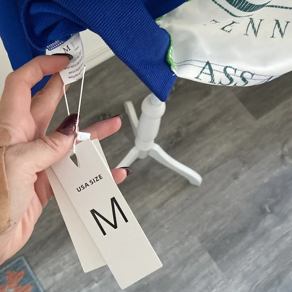 pieced sweatshirt top trendy mixed media long sleeve embroidered blue white M - Picture 6 of 16